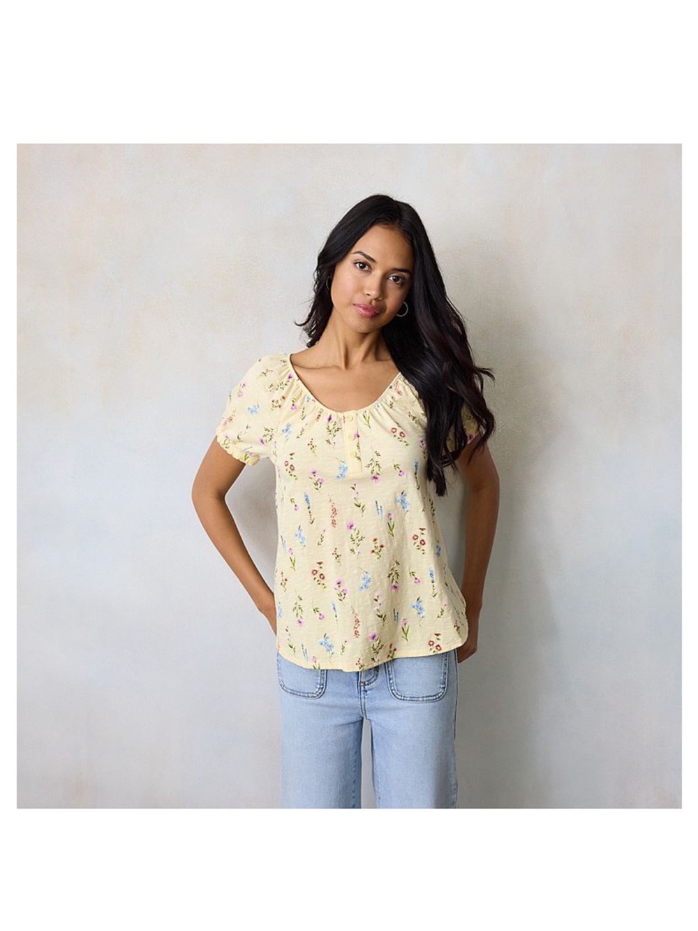 LC Lauren Conrad Yellow Floral Scoop-Neck Blouse